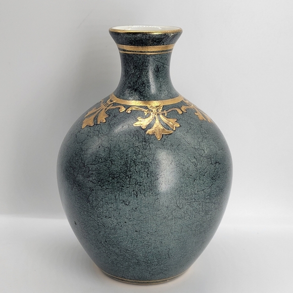 Toyo Marbella By Macau Cloisonne Earth Green Gold Ceramic Pottery Vase - Picture 1 of 10